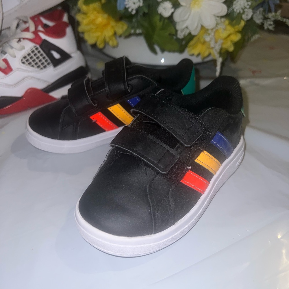 adidas Kids Black Sneakers with Colorful Stripes
